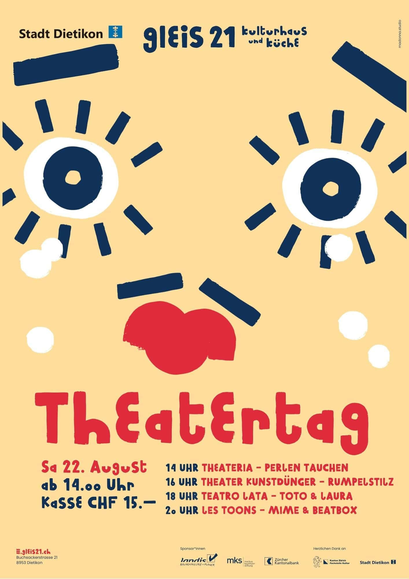 Plakat für den Theatertag 2026 bei Gleis21 mit Theater- und Musikveranstaltungen.