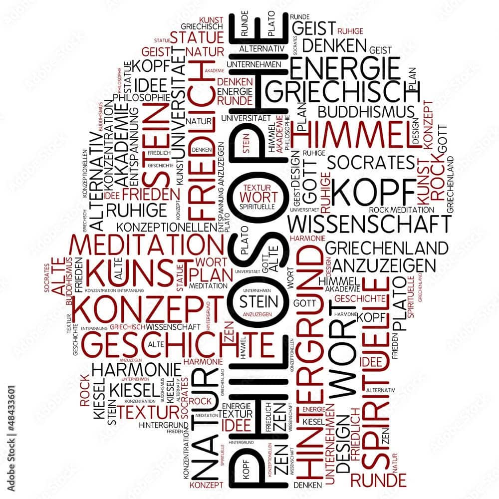 Kunstvolle Wortwolke zum Thema Philosophie und Geist, mit Begriffen wie Geist, Kopf, Energie und Med.