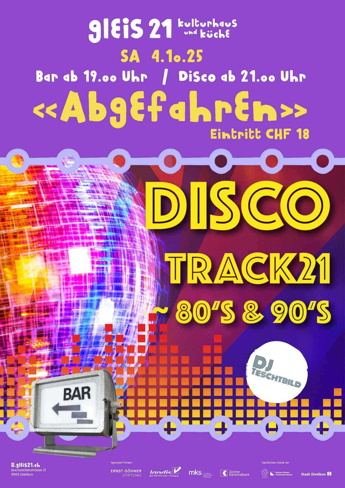 Disco-Event im Gleis 21 mit 80er & 90er Musik, DJ und Bar.